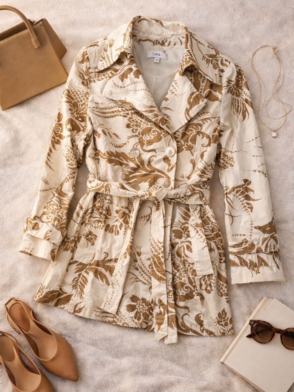 Cabi Cream & Gold Botanical Print Belted Trench Jacket Size M